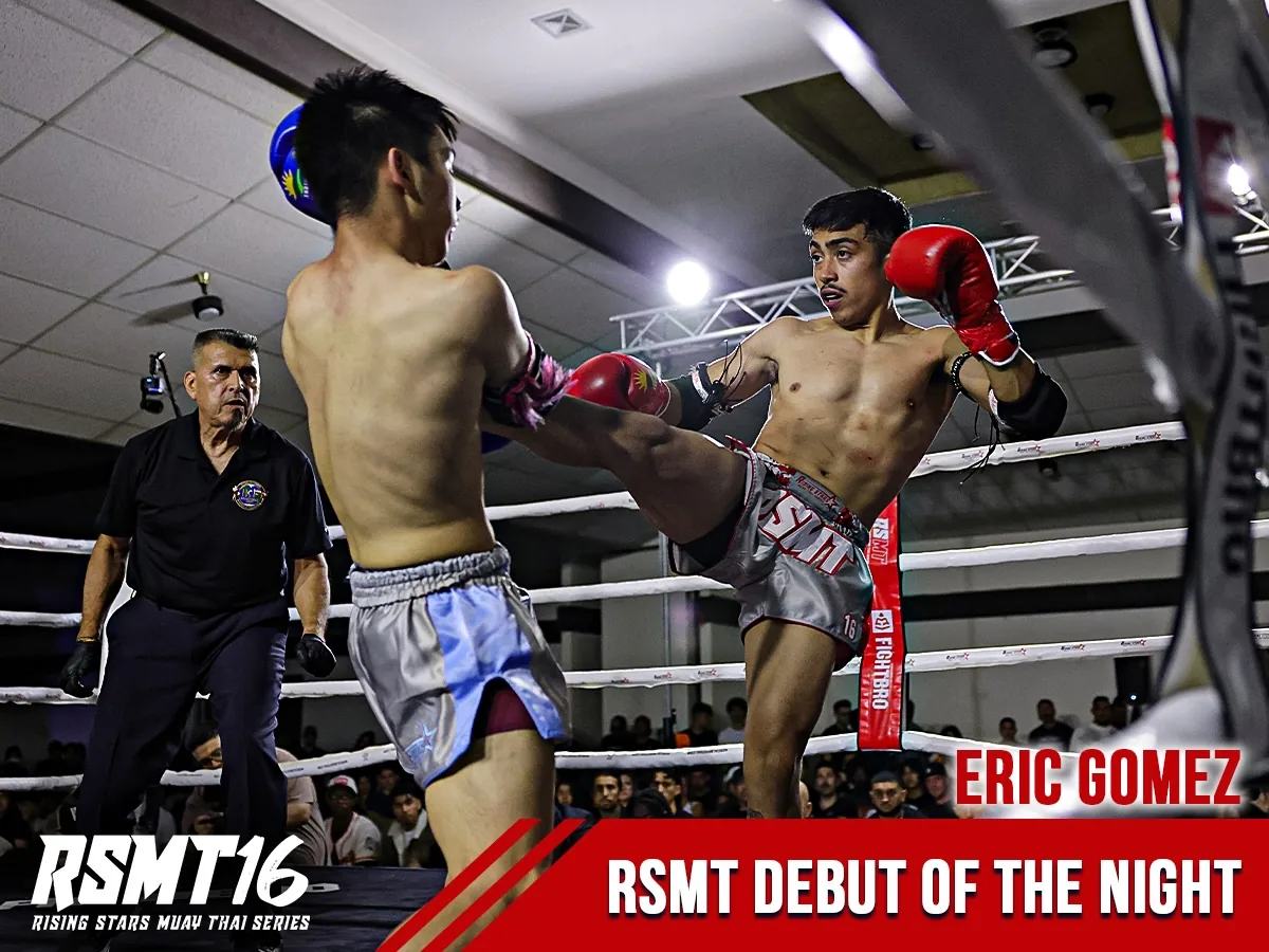 RSMT 16 RSMT Debut of the Night graphic: Eric Gomez throws a kick at his opponent while the referee looks on.