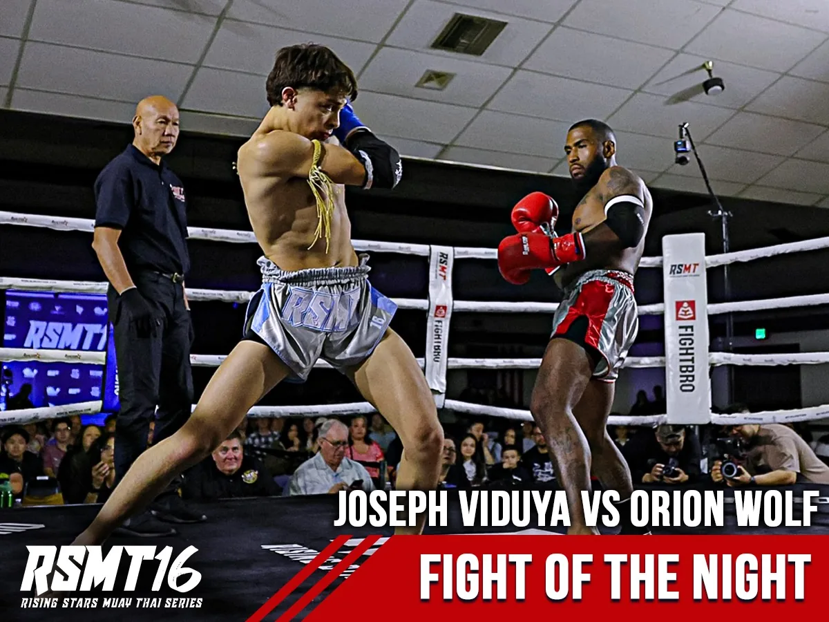 RSMT 16 Fight of the Night graphic: Joseph Viduya and Orion Wolf square off in the ring at Elks Lodge #6 as the referee watches.