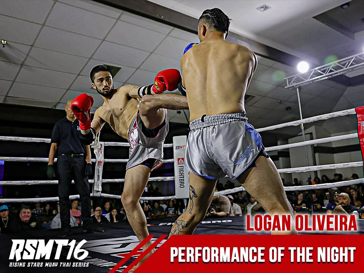 RSMT 16 Performance of the Night graphic: Logan Oliveira, in red gloves, throws a high kick at his opponent in the ring.