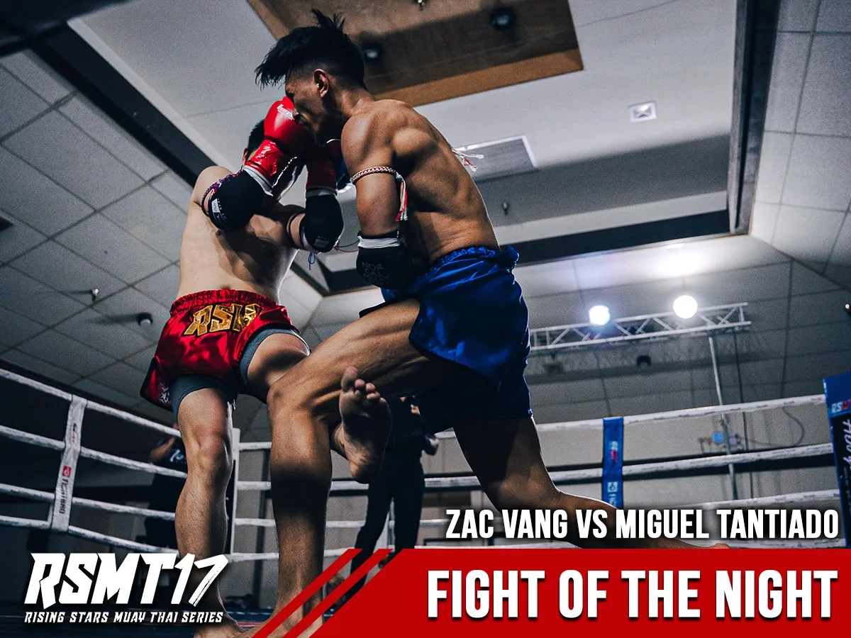 RSMT 17 Fight of the Night graphic: Zac Vang in blue trunks throws a knee as Miguel Tantiado, in red RSMT trunks, covers up in the ring at Elks Lodge #6.