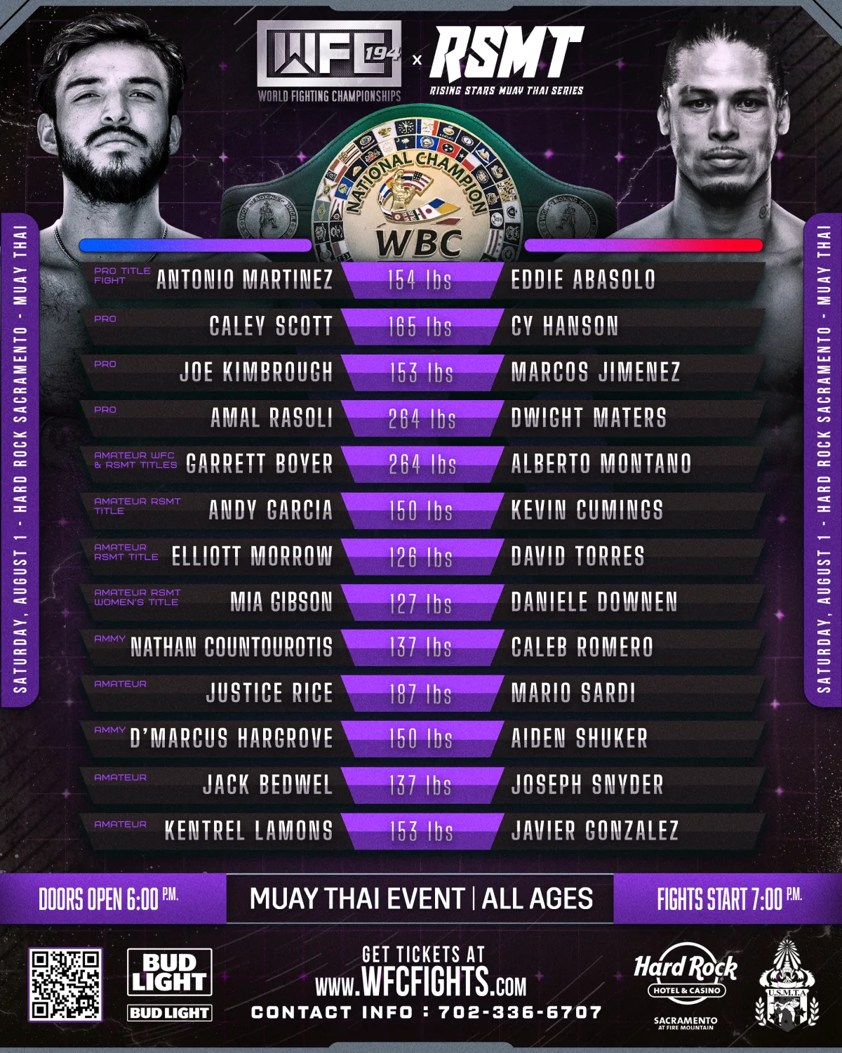 Official WFC 194 x RSMT fight card graphic listing all 13 bouts, weights, and title fights for August 1, 2026 at Hard Rock Live Sacramento.