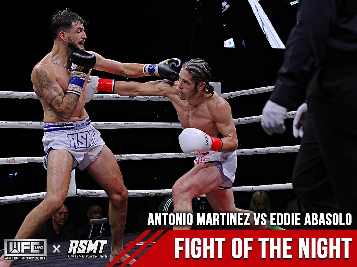 WFC 194 x RSMT Fight of the Night graphic: Antonio Martinez and Eddie Abasolo exchange punches in the main event at Hard Rock Live Sacramento.
