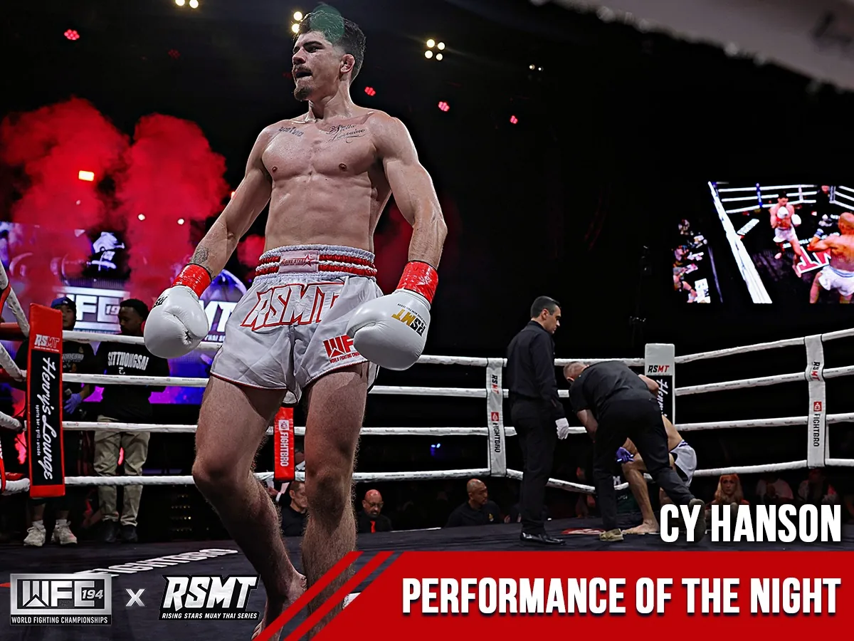WFC 194 x RSMT Performance of the Night graphic: Cy Hanson stands in the ring in RSMT trunks while the referee kneels by his opponent behind him.